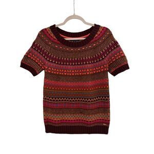Tommy Hilfiger Women's Fair-Isle Knit Short Sleeve Sweater Top Multicolor Medium